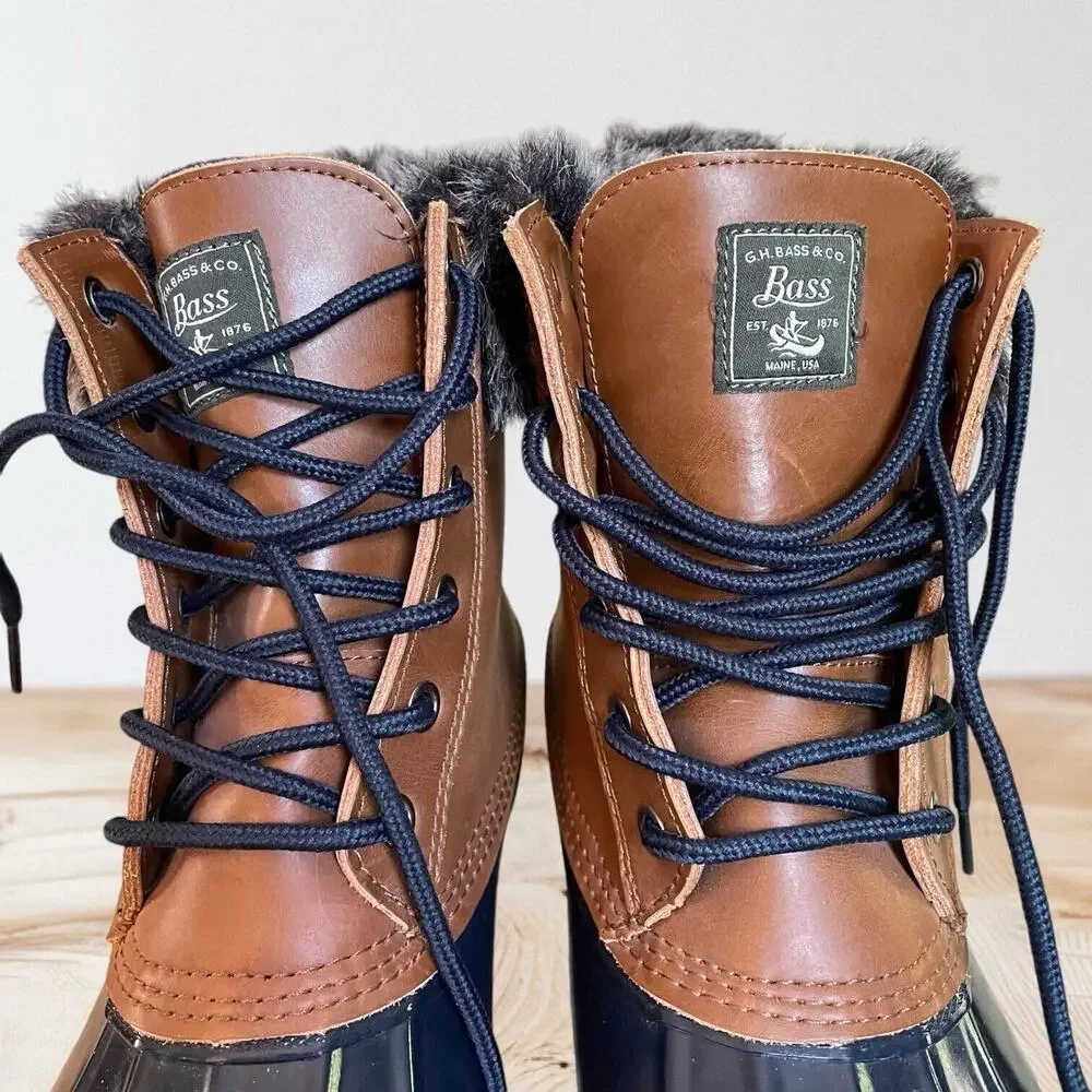 Bass Harlequin Winter Duck Boots Black Sz‎ 9 Womens Leather Rubber Faux Fur Trim